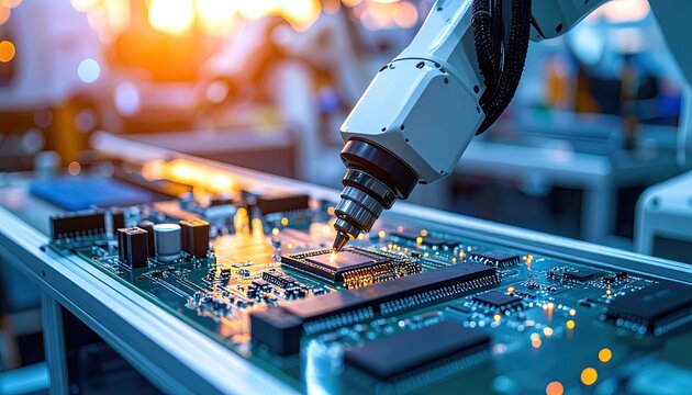 Advanced Robotic Machinery Precisely Assembles Microchips on a Circuit Board, Showcasing Cutting-edge Technology and Efficiency in Electronic Manufacturing