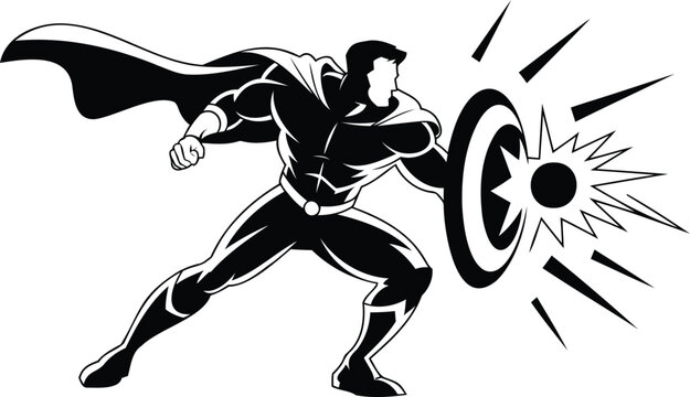Superhero in black costume with cape holding shield and making explosion  action hero with superpowers