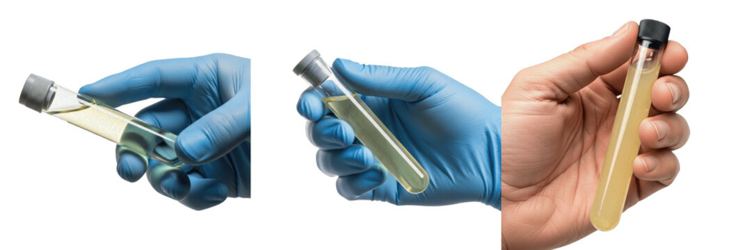 Close up hand holding cerebrospinal fluid test tube, Liquor Cerebrospinalis, Neurology Analysis, Spinal Fluid, Medical Lab Specimen, Diagnostic Research.