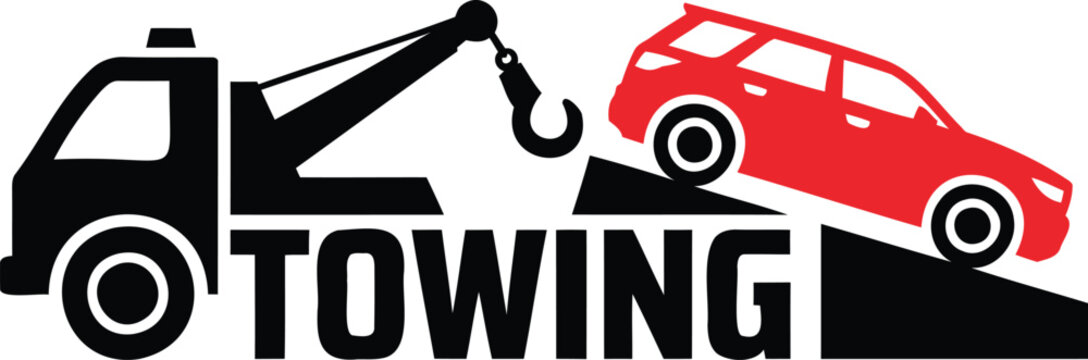 Tow truck towing a red car with a hook illustration