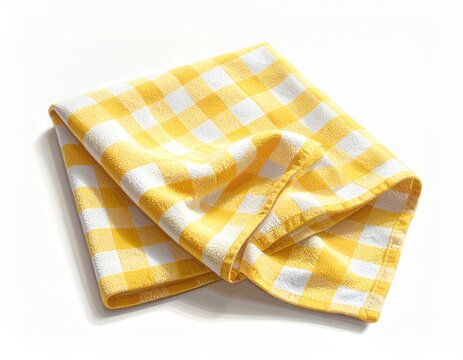 Yellow and white checkered kitchen towel folded neatly on white background