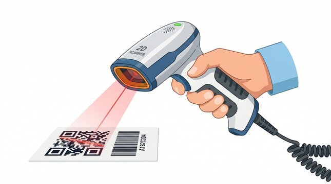 A hand holding a barcode scanner reads a label with a barcode.