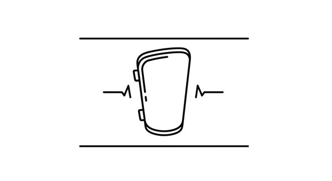 Minimalist line art illustration of a protective shin guard with integrated health monitor for
