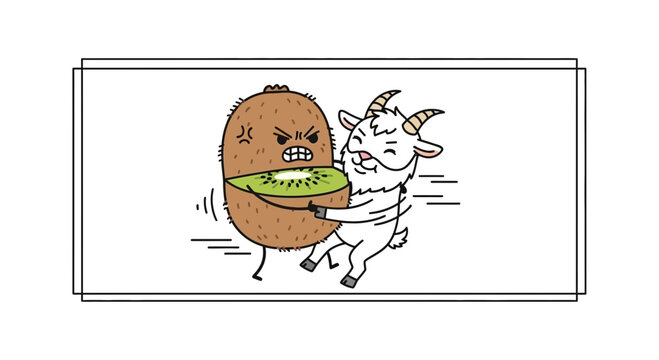 A whimsical cartoon showcasing a joyful goat playfully hugging an angry split kiwi fruit in a