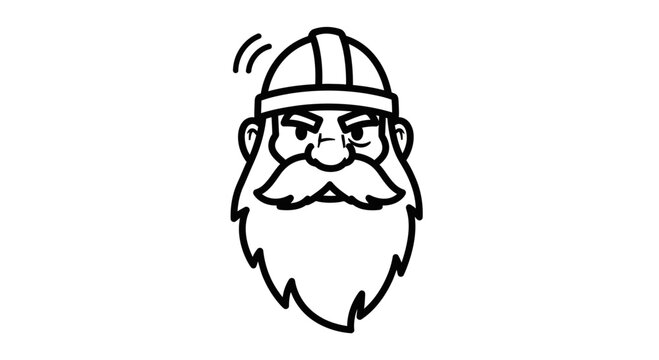 Bold black and white line art illustration of a stern bearded warrior wearing a simple helmet design