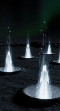 Multiple ethereal figures materialize from glowing portals on a desolate, cratered surface under a dark, starry sky.