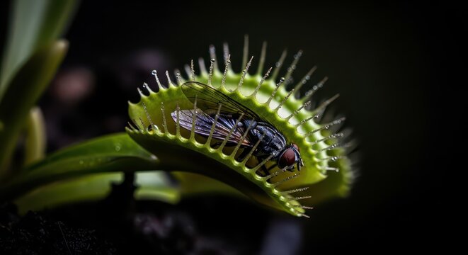 Carnivorous plant displays its deadly trap capturing an insect against a dark background