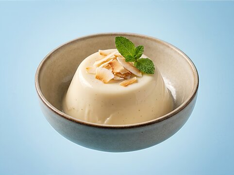 Delicious Coconut Panna Cotta Dessert with Toasted Flakes and Mint Garnish.