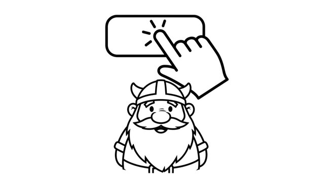 Cheerful bearded character in horned helmet looking at a clicking hand activating a digital button