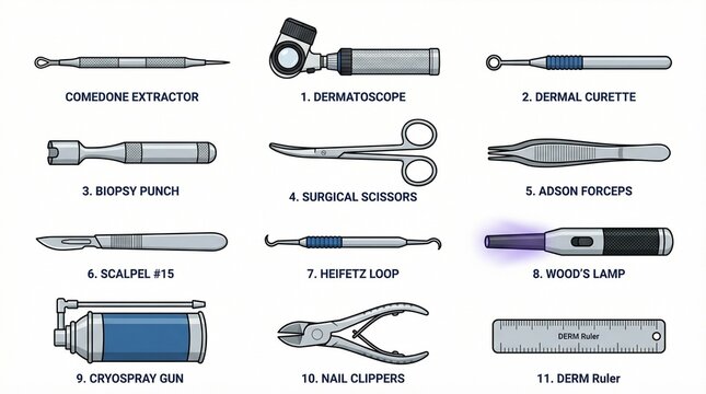 Medical professional using various dermatological tools on a patient in a clinic.
