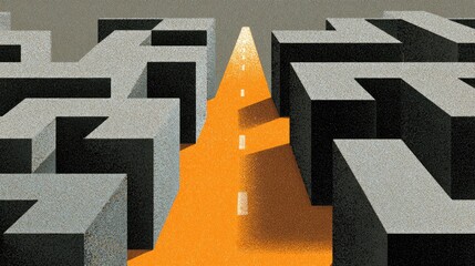 Abstract Concept of Overcoming Obstacles in Life with a Clear Path Through a Maze of Gray Structures and an Orange Road