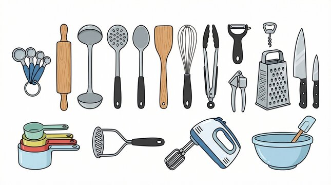 A colorful illustration of various kitchen utensils and tools on a table indoors.