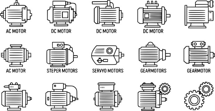 Electric Motors & Drives Outline Icon Set. AC, DC, Stepper, Servo Motors, Gearmotor. Industrial, Engineering, & Automation Technology