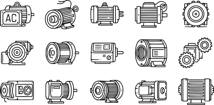 Electric Motors & Drives Outline Icon Set. AC, DC, Stepper, Servo Motors, Gearmotor. Industrial, Engineering, & Automation Technology