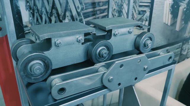 A power heavy chain of trolleys for use in the steel industry and for moving large masses of ore. Closeup. Shot in motion 