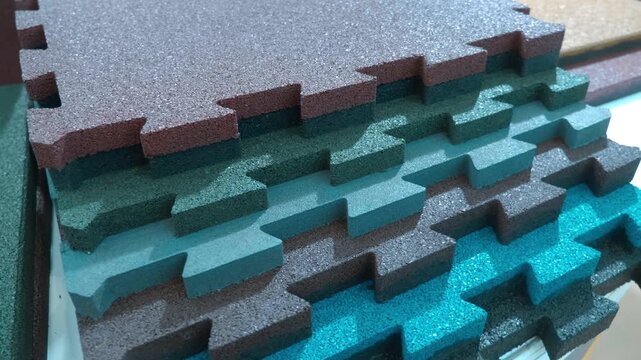 Multi-colored tiles made from rubber crumb from recycled tires are joined together using a dovetail joint. Closeup. Shot in motion  
