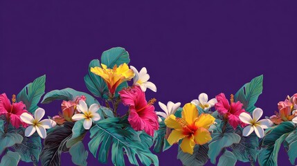 Fototapeta premium Vibrant Floral Arrangement with Colorful Hibiscus and Exotic Flowers on a Purple Background