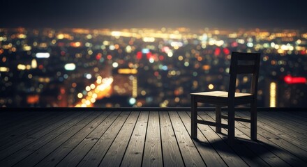 Naklejka premium A wooden chair on a dark balcony overlooks the blurred city lights at midnight, reflecting a somber mood of insomnia and deep contemplation, outdoors, porch, furniture