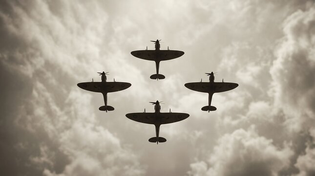 Vintage warplanes flying in formation against dramatic cloudy sky background