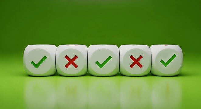 White cubes with green checkmarks and red cross marks lined up on a reflective green studio surface for business evaluation and selection progress