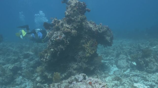 Scuba diver swimming by a large coral reef formation underwater