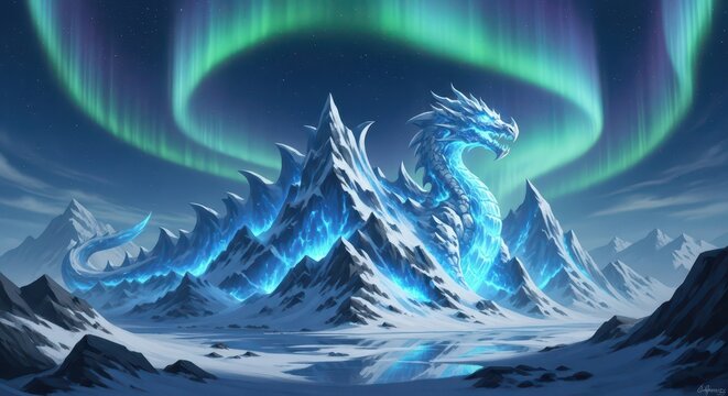 Majestic ice dragon figure merges with a snow-covered mountain range beneath a brilliant sky illumination