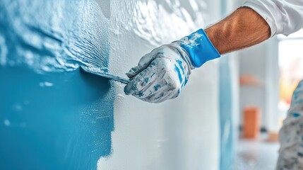 Painter applying blue paint to a wall with a spatula.