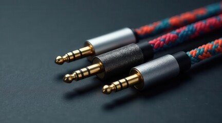 Fototapeta premium Close-up view of three stylish audio cables with colorful braided sheaths and metallic connectors, resting on a dark surface