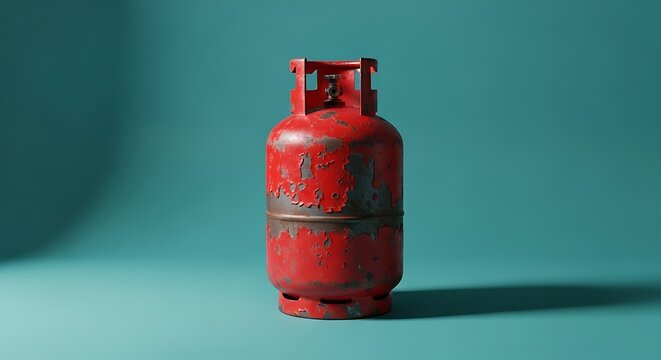 Red gas cylinder with rusted texture stands in the center of a teal blue studio background for energy and domestic fuel supply concepts now today