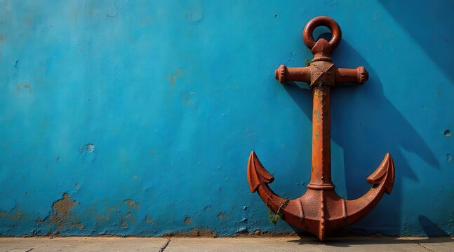 Rustic orange anchor against a weathered turquoise wall, a nautical scene evoking feelings of stability and adventure.