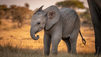 Fototapeta premium Baby elephant exploring savannah with adult nearby
