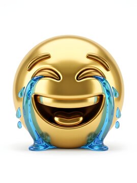 A shiny 3D golden emoji with tears of joy, depicting a laughing face with blue tears streaming down, isolated on a clean white background.