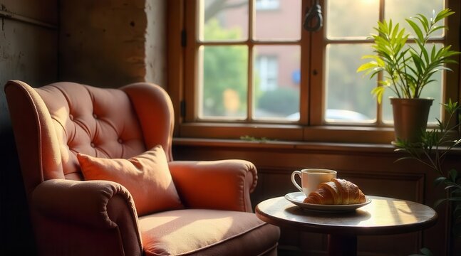 Serene morning sunlight illuminates a comfortable armchair, a warm beverage, and a flaky pastry, creating a peaceful and inviting atmosphere in a sun-drenched room