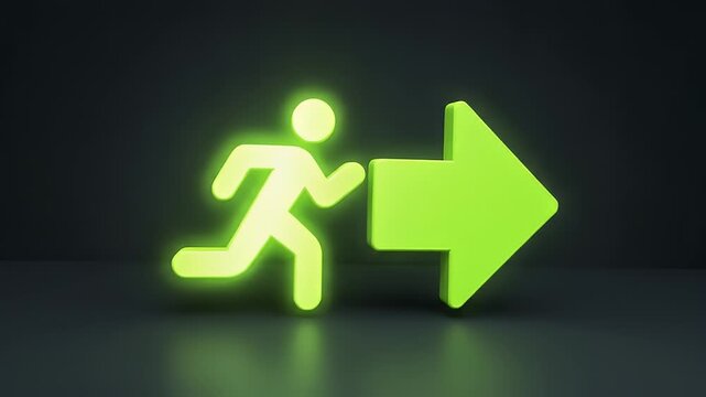 Glowing green exit sign with running man.