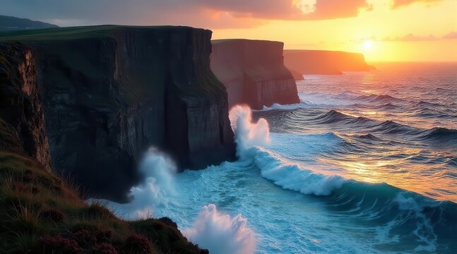 Dramatic coastal cliffs bathed in the golden hues of a breathtaking sunset, with powerful ocean waves crashing against the rugged shoreline creating a stunning natural spectacle
