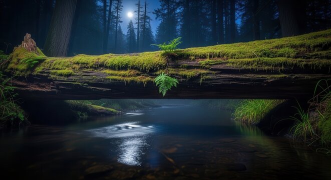 Fallen moss covered timber creates a natural bridge over a flowing stream in a dense, moonlit forest at night