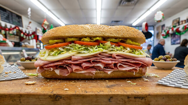 A towering Italian hoagie sandwich loaded with deli meats, cheese, and fresh vegetables on a sesame seed bun.