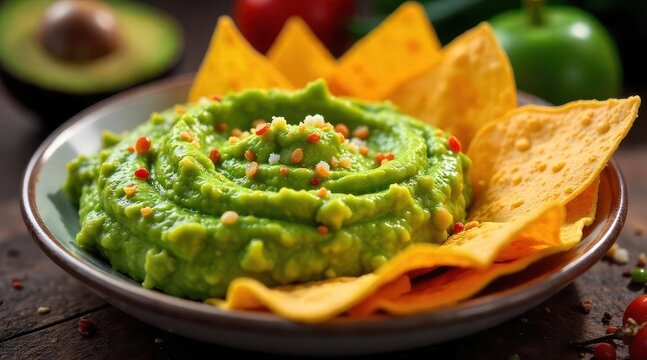 A vibrant bowl of creamy avocado dip, delicately seasoned with a medley of spices, served with crispy, golden-brown tortilla chips.