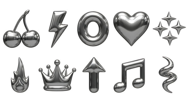 Set of silver metallic 3D icons including cherry, lightning bolt, heart, star, crown, and musical note symbols, number zero