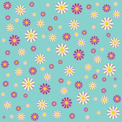 Fototapeta premium Seamless colorful daisy pattern on teal background. Retro groovy floral vector for 70s aesthetic. Trendy ditsy flower wallpaper for textile apparel nursery gift wrap. Spring summer garden ornament.