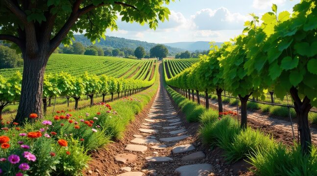 Serene Vineyard Pathway A sunlit stone path meanders through rows of lush grapevines, bordered by vibrant wildflowers and a majestic tree, creating a picturesque countryside scene.