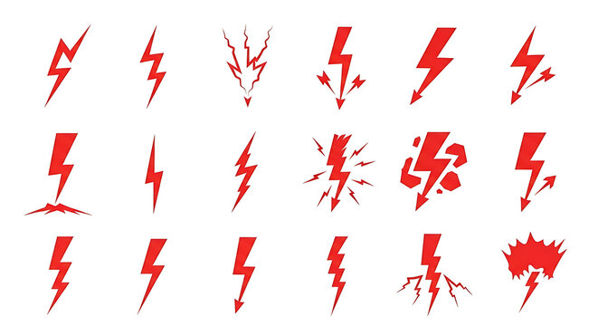 Collection of red lightning bolt symbols and icons in various styles