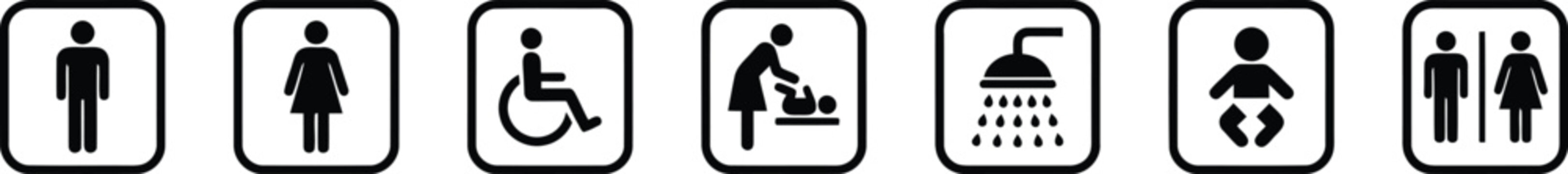 A set of universal restroom and shower icons for public facilities