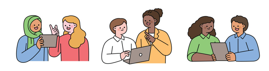 Obraz premium Two people of different races are discussing while looking at a tablet and a laptop. Cute character with a round face. Upper body illustration.