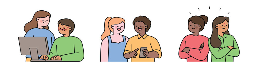 Fototapeta premium Two people of different races are sharing opinions and working together. Cute character with a round face. Upper body illustration.