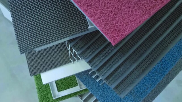 Samples of dredge mats of various structures for a gold washing sluice. Closeup. Shot in motion 