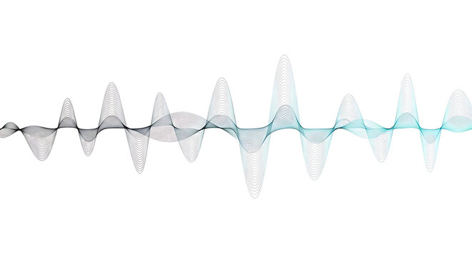 Abstract sound wave visualization with particles and lines, transitioning from dark to light blue on a white background