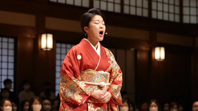 Young woman in kimono addresses audience at formal presentation
