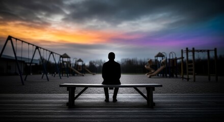 Obraz premium A solitary silhouette sits on a weathered wooden bench within an empty school playground surrounded by blurred equipment under a gray sky, sadness, slide, exterior