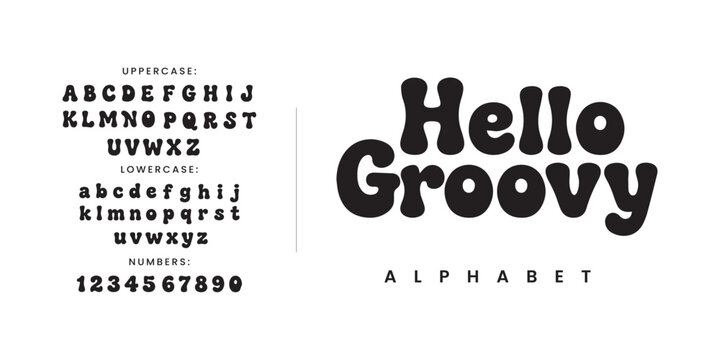 Hello groovy retro bubble font for vintage 70s style poster and hippie aesthetic design alphabet